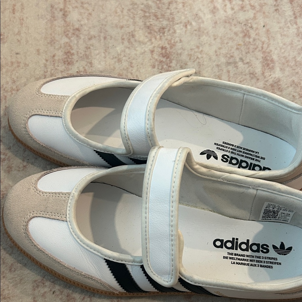 adidas women White and Beige Mary-Jane Sneakers with Black Stripes